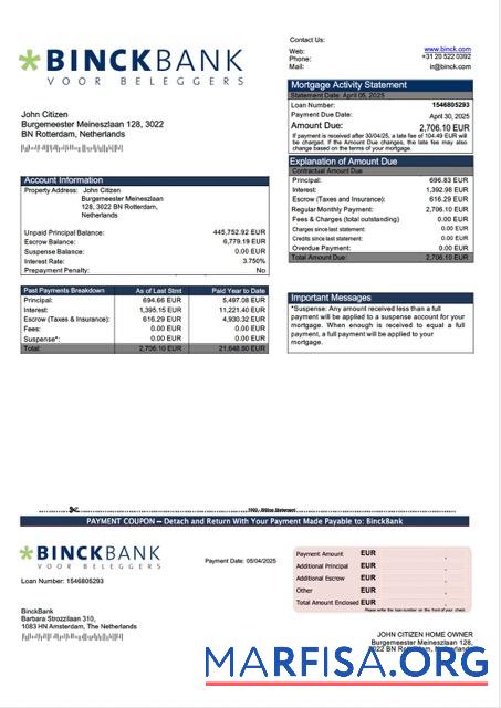 Downloadable Netherlands BinckBank mortgage statement Word and PDF template